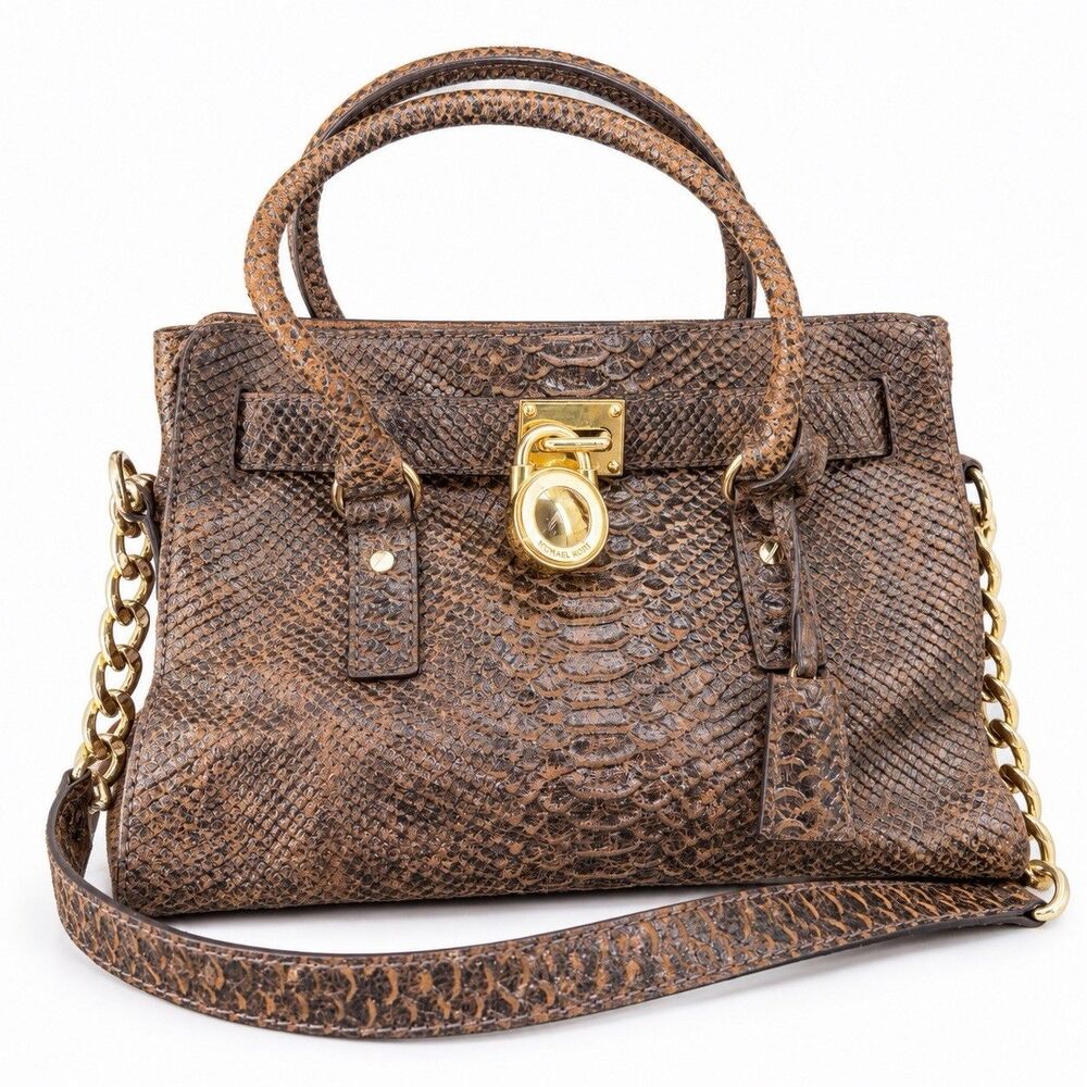 Michael Kors Hamilton Python Embossed Leather Satchel Brown Gold Lock Key Strap